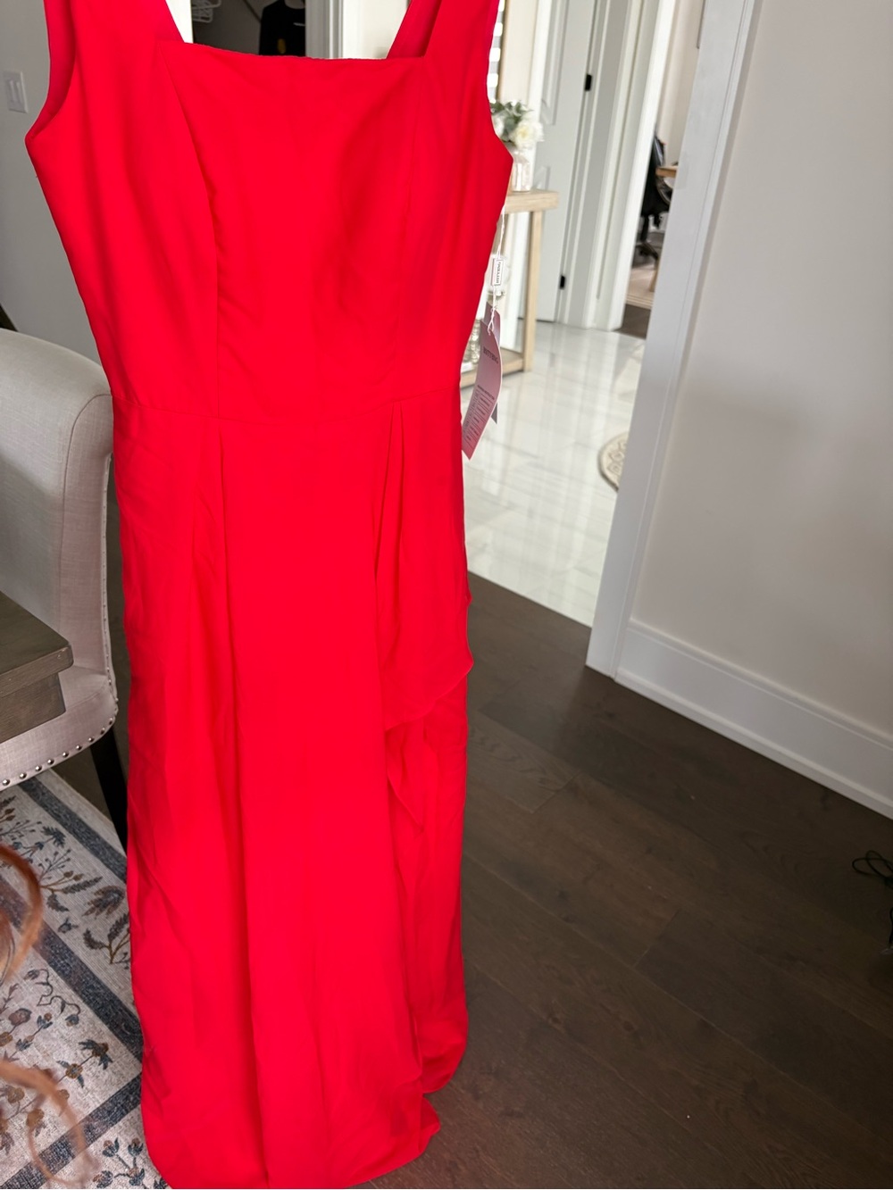 Red Square-Neck Maxi Dress with Side Ruffle - Picture 9 of 12